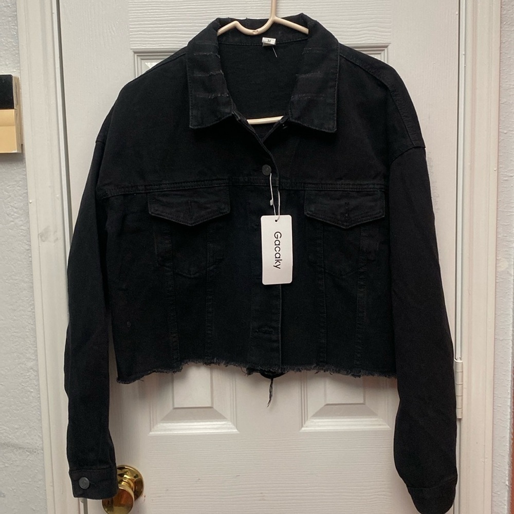 Gacaky  Ripped Distressed Cropped Denim Jean Jacket Coat With Frayed Hem size M